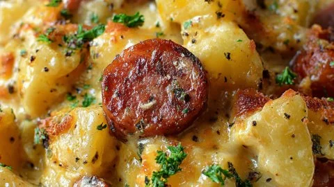 Kielbasa sausage cheesy potato casserole served in a baking dish