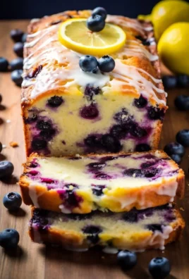 Lemon Blueberry Yogurt Loaf sliced on a wooden board with blueberries and lemon slices.