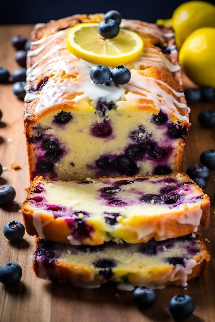 Lemon Blueberry Yogurt Loaf sliced on a wooden board with blueberries and lemon slices.