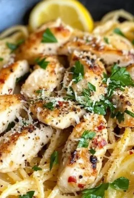 Lemon Garlic Chicken Pasta dish garnished with herbs and lemon slices
