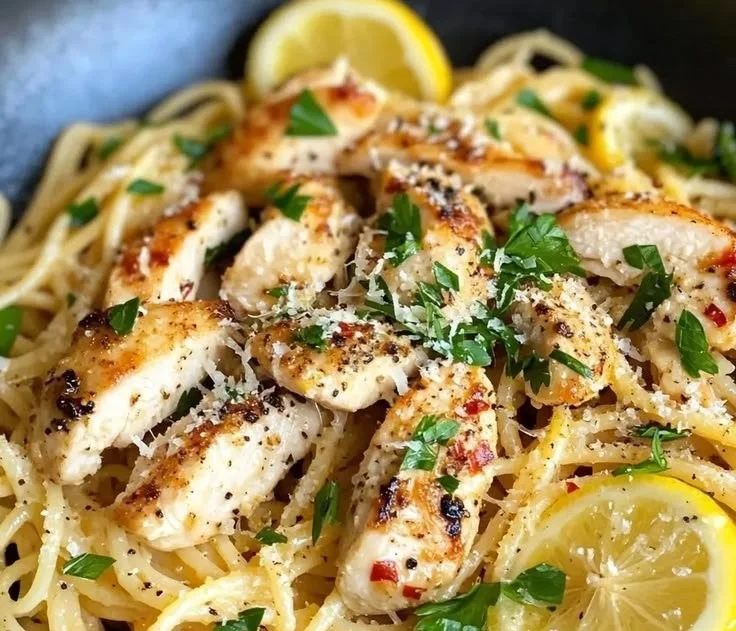 Lemon Garlic Chicken Pasta dish garnished with herbs and lemon slices