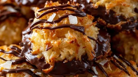 Plate of no bake Samoa cookies with chocolate and coconut topping
