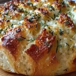 Loaf of Parmesan Garlic Artisan Bread with garlic and herbs on a wooden board
