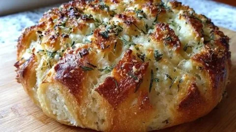 Loaf of Parmesan Garlic Artisan Bread with garlic and herbs on a wooden board