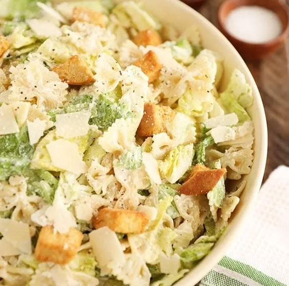 Delicious and colorful Pasta Caesar Salad served in a bowl