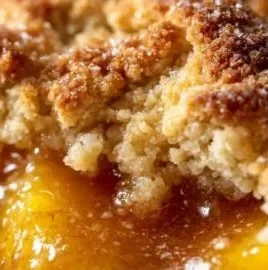 Delicious Paula Deen peach cobbler served in a dish, showcasing its golden crust and juicy fruit filling.