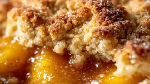 Delicious Paula Deen peach cobbler served in a dish, showcasing its golden crust and juicy fruit filling.