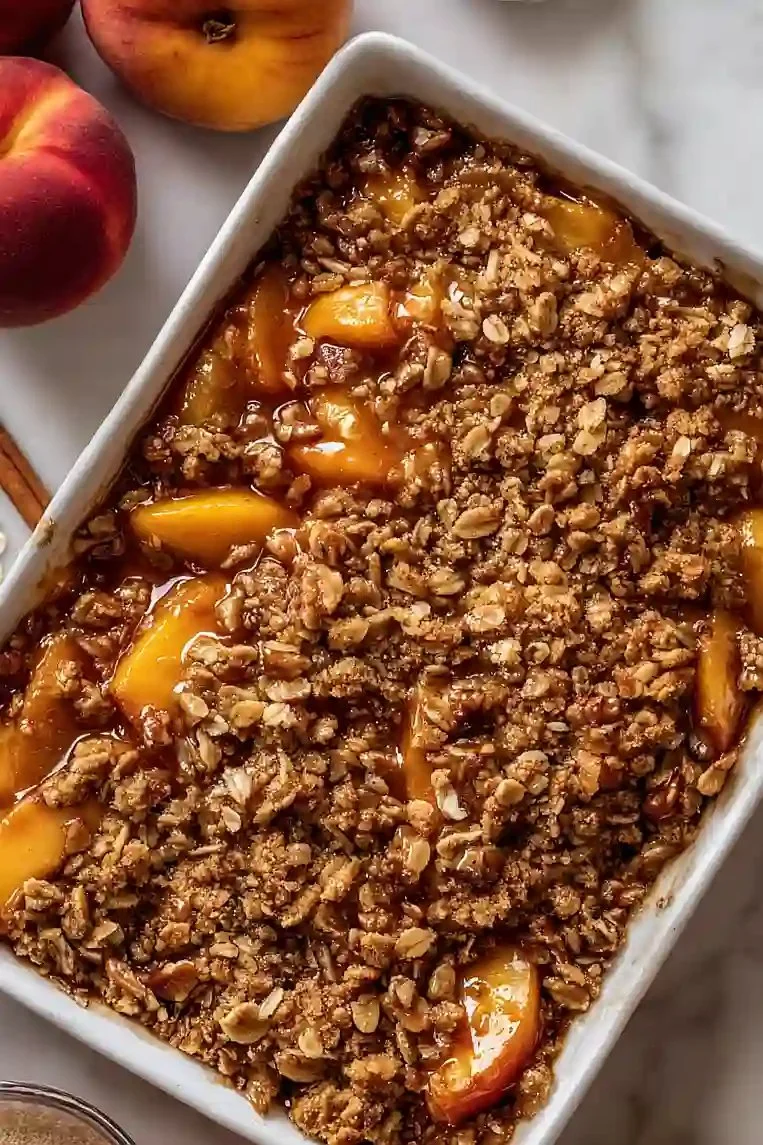 Delicious Pecan Bourbon Peach Crisp dessert served in a rustic dish with a golden topping.