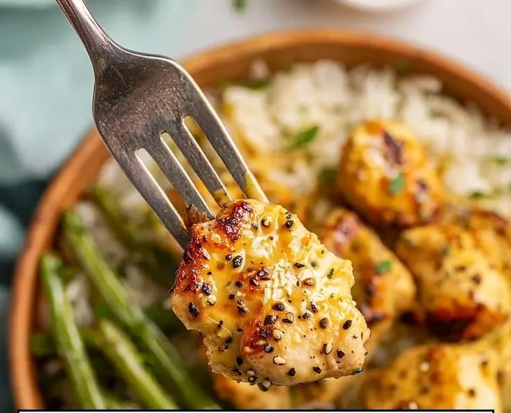 Delicious honey mustard chicken bowls with fresh vegetables and rice