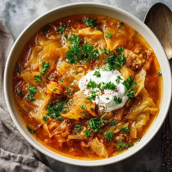 Bowl of delicious Polish Cabbage Soup garnished with herbs