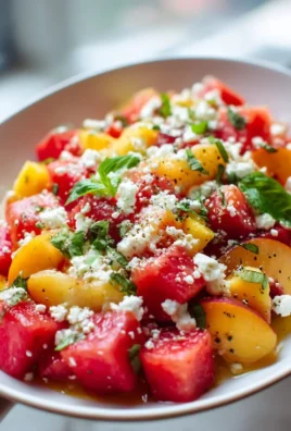 Fresh watermelon peach salad served in a bowl with mint garnishing