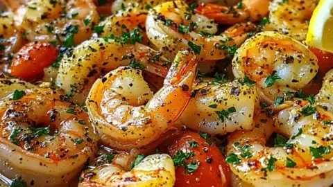 Savory Mediterranean shrimp skillet with colorful vegetables and herbs