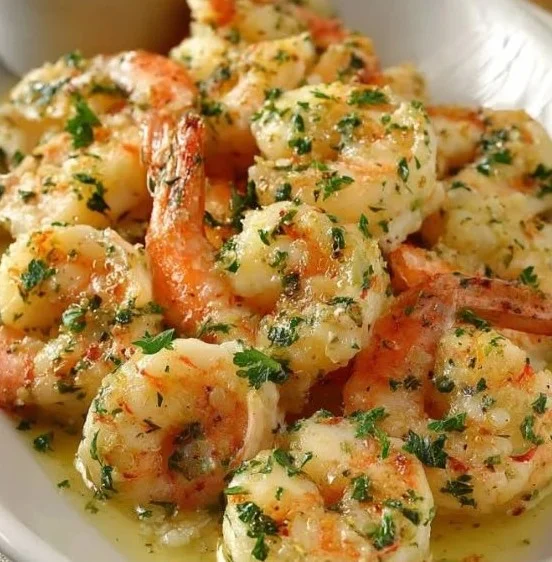 Shrimp Scampi Pasta Bake topped with herbs and cheese, served in a baking dish.
