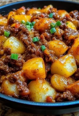 Sloppy Joe Potato Skillet topped with cheese and fresh herbs in a skillet