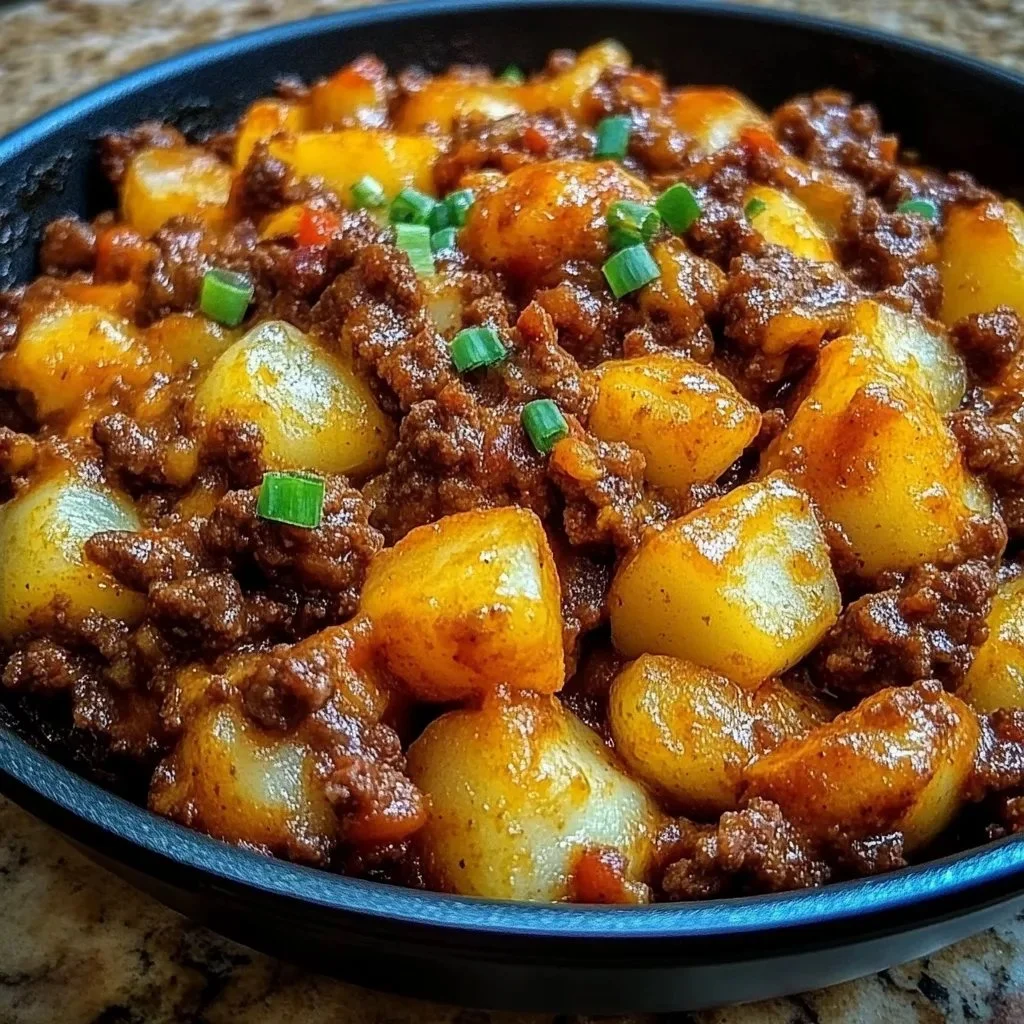 Sloppy Joe Potato Skillet topped with cheese and fresh herbs in a skillet