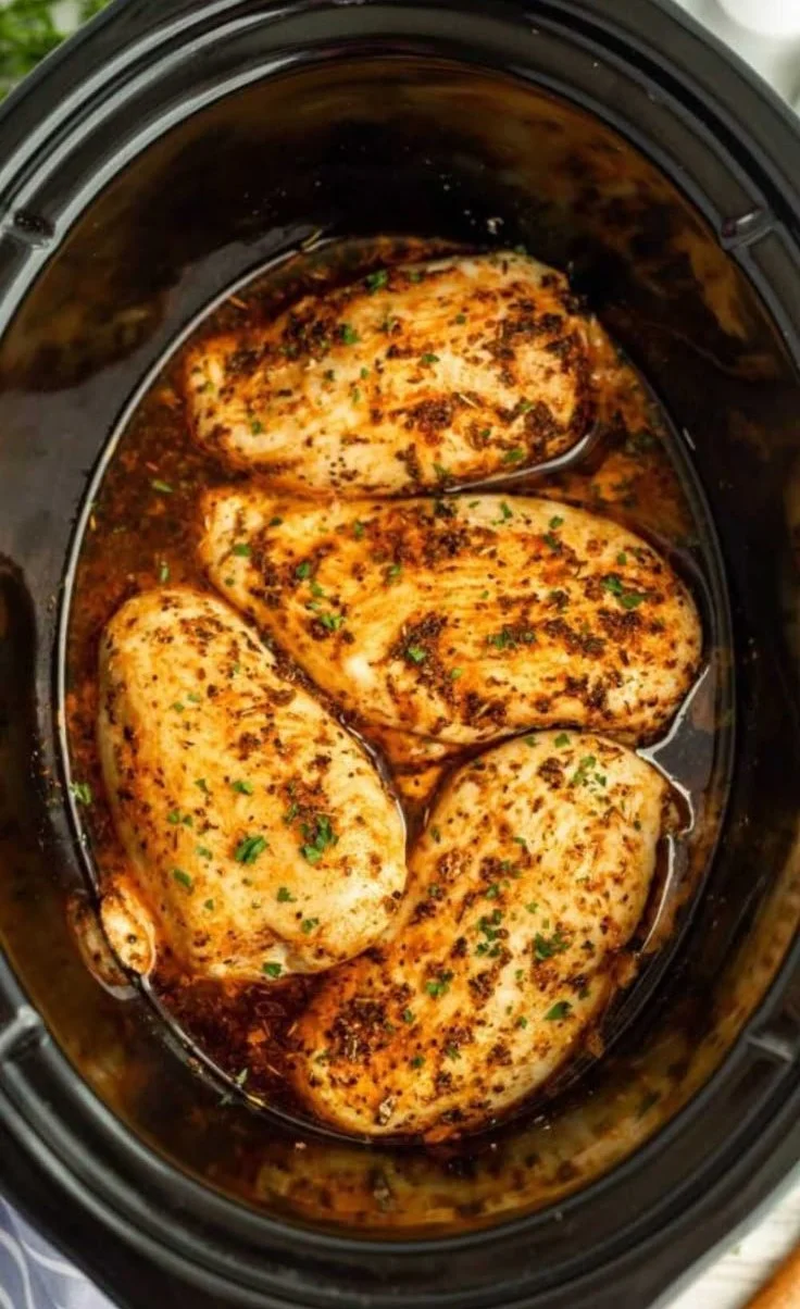 Delicious slow cooker chicken breasts served with vegetables.