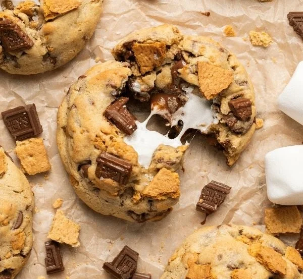 Delicious homemade S'mores Cookies with marshmallows and chocolate