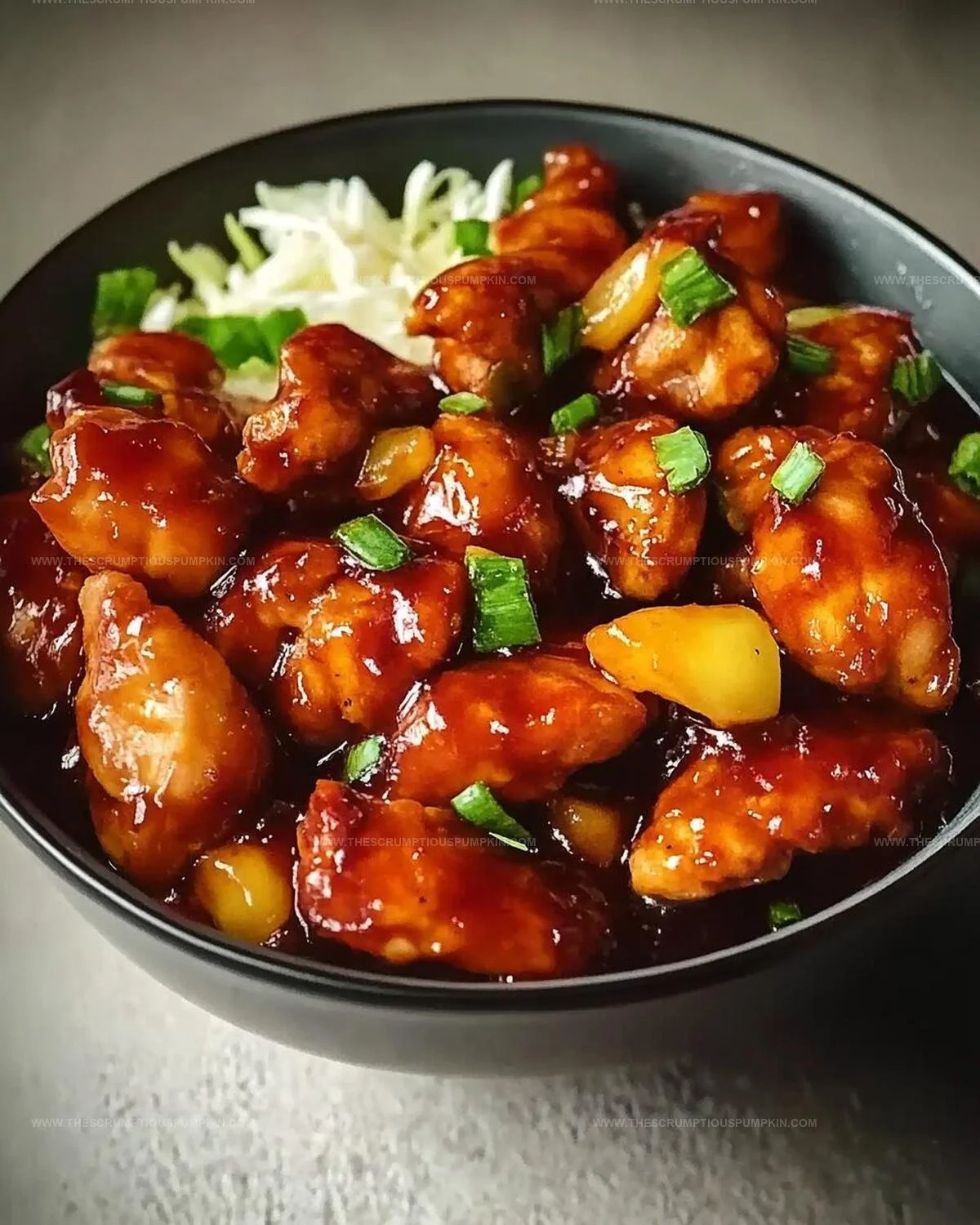 Sweet Hawaiian Chicken cooked in a Crock-Pot, decorated with pineapple and herbs