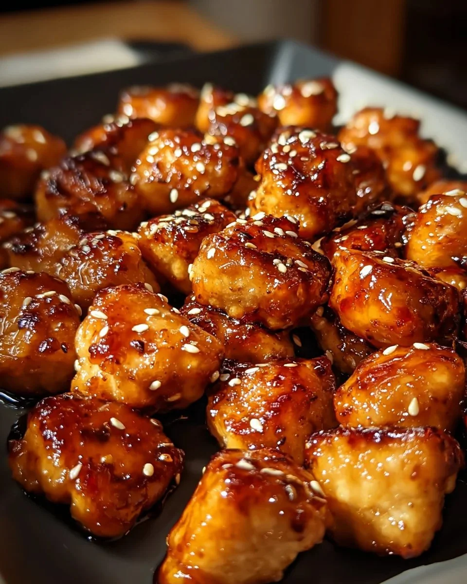 Sweet and smoky honey garlic chicken bites served on a platter.