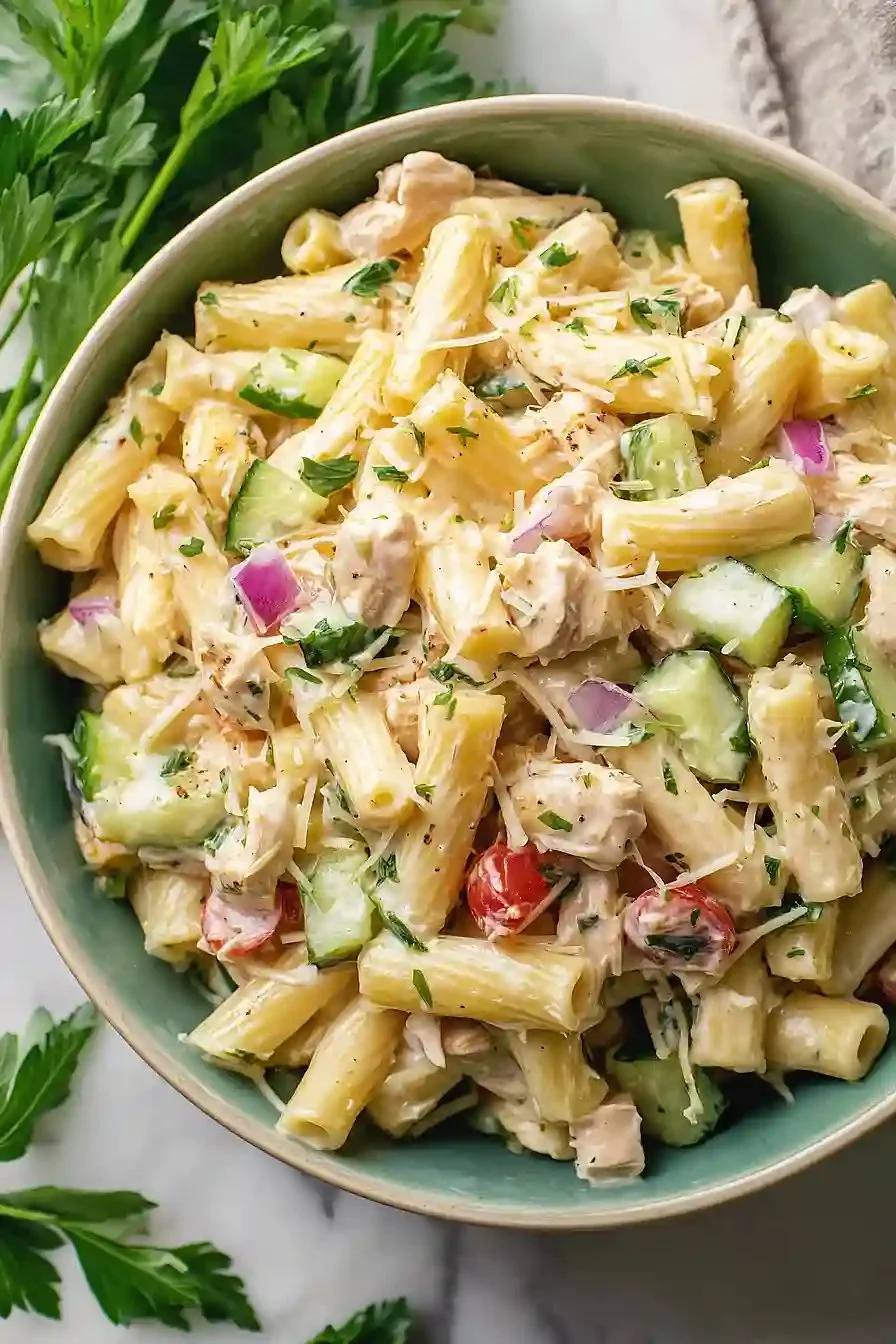 Balsamic chicken pasta salad with fresh vegetables and dressing