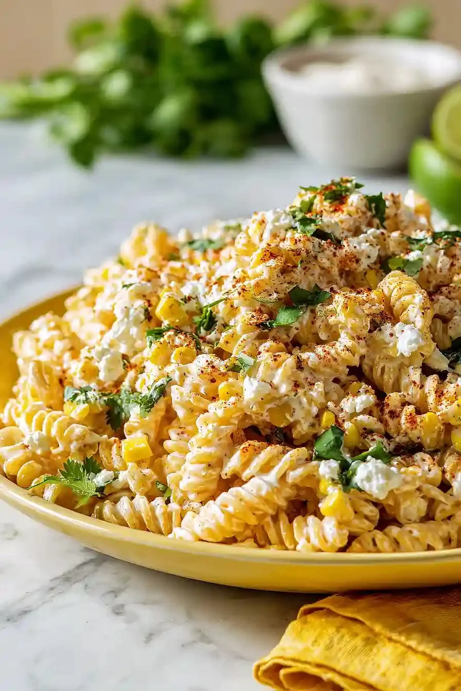 Tasty Elote Pasta Salad featuring Greek yogurt, corn, and fresh herbs.