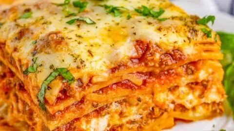 Delicious homemade lasagna with layers of cheese, meat, and marinara sauce