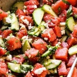 Fresh watermelon basil salad with feta cheese, perfect summer dish