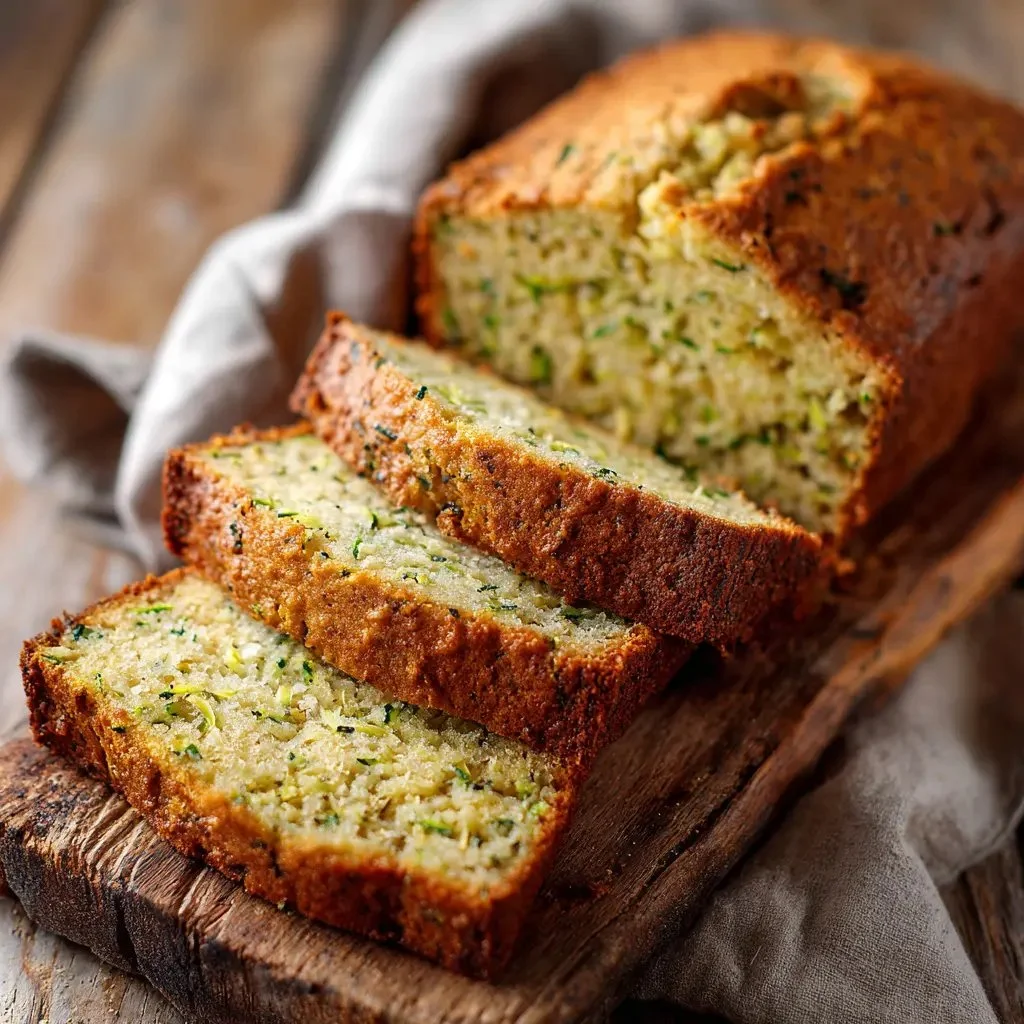Delicious gluten-free zucchini bread sliced and served on a wooden board.